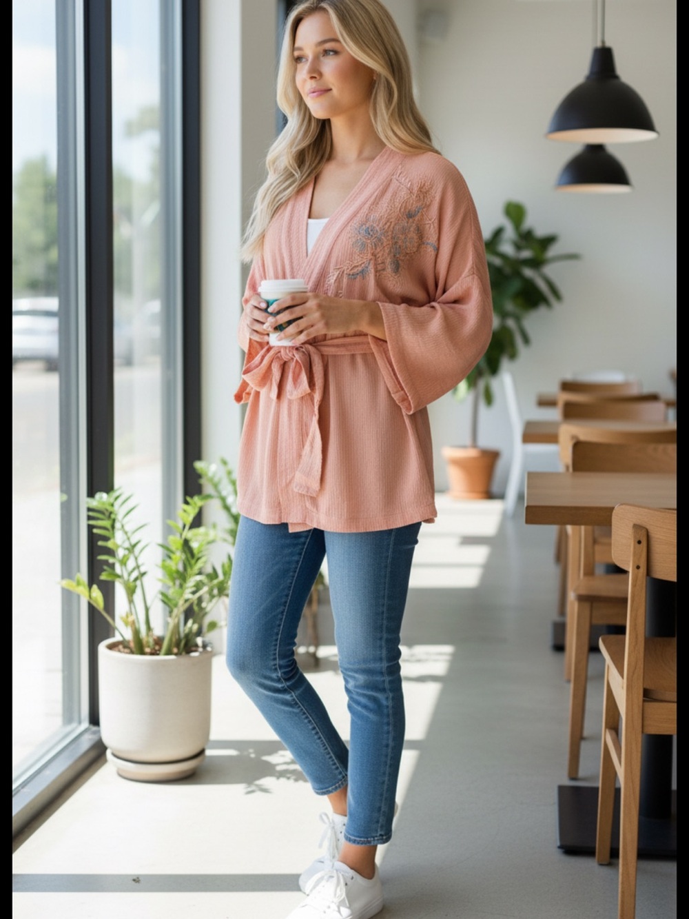 Peach Embroidered Kimono Belted Top